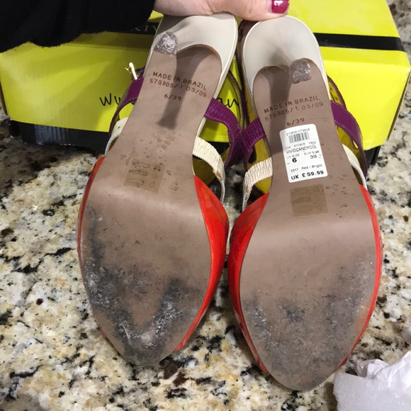 River Island heeled sandals red cream and purple - Picture 5 of 8